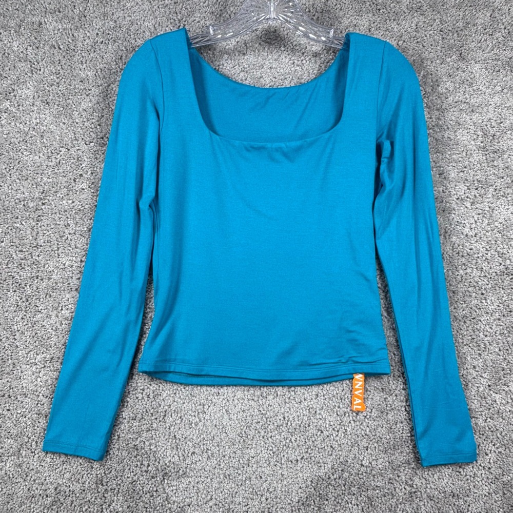 DWNVAL Women Teal Blue Square Neck Long Sleeve Slim Fit Stretch‎ Top Small